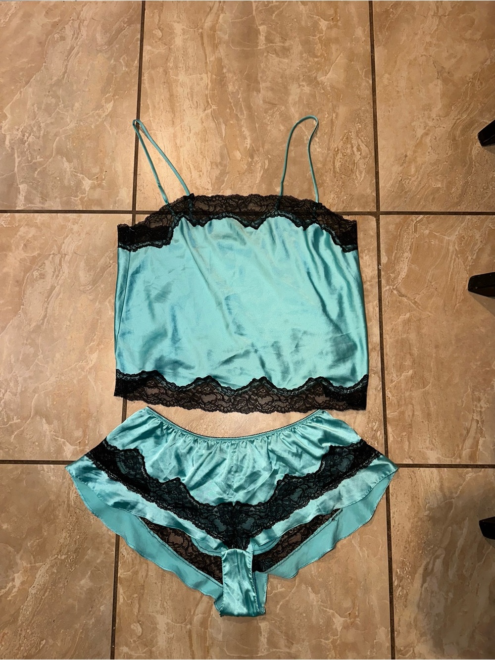 Vintage Teal Satin Lace Victoria Secret Set Size L